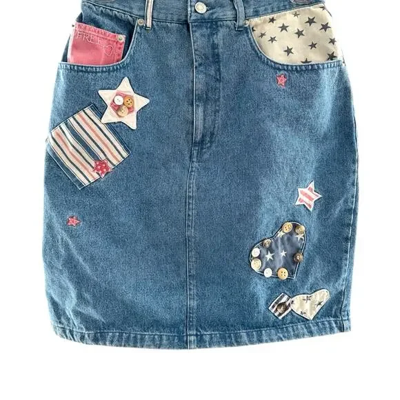 Vintage Denim Patchwork 100% Cotton Skirt Size 6 Cottagecore Patriotic Style - Picture 9 of 9